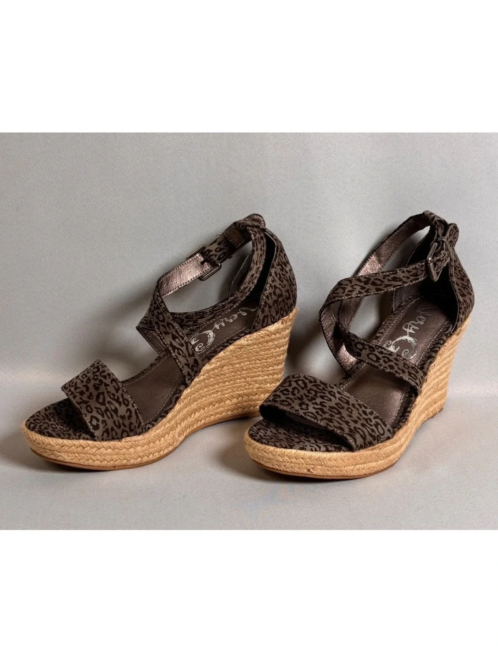 Very G Gray Leopard Print Wedge Sandals with Jute Wrapped Heel